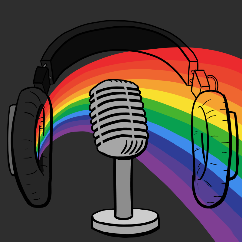 Podcast logo with rainbow light spectrum coming out of headphones, near an old-fashioned microphone