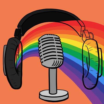 Podcast logo: rainbow coming out of headphones, with orange background