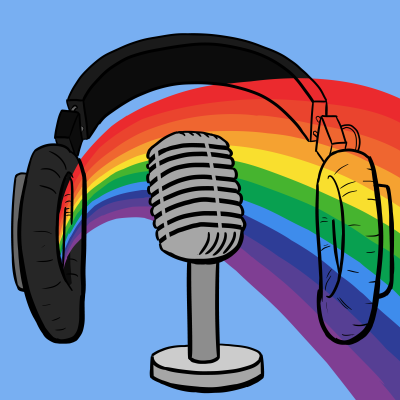 Rainbow behind podcast microphone, with over-ear headphones and sky blue background