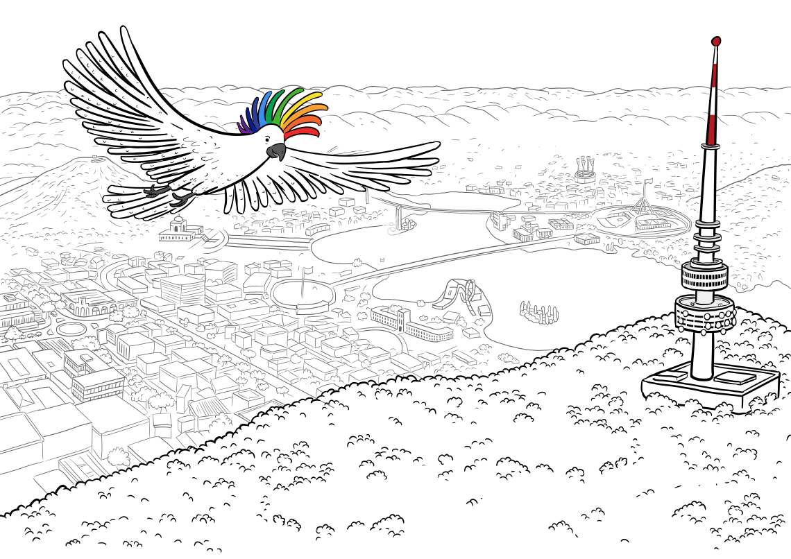 Black and white cartoon drawing of cockatoo with rainbow crest flying above detailed aerial city view