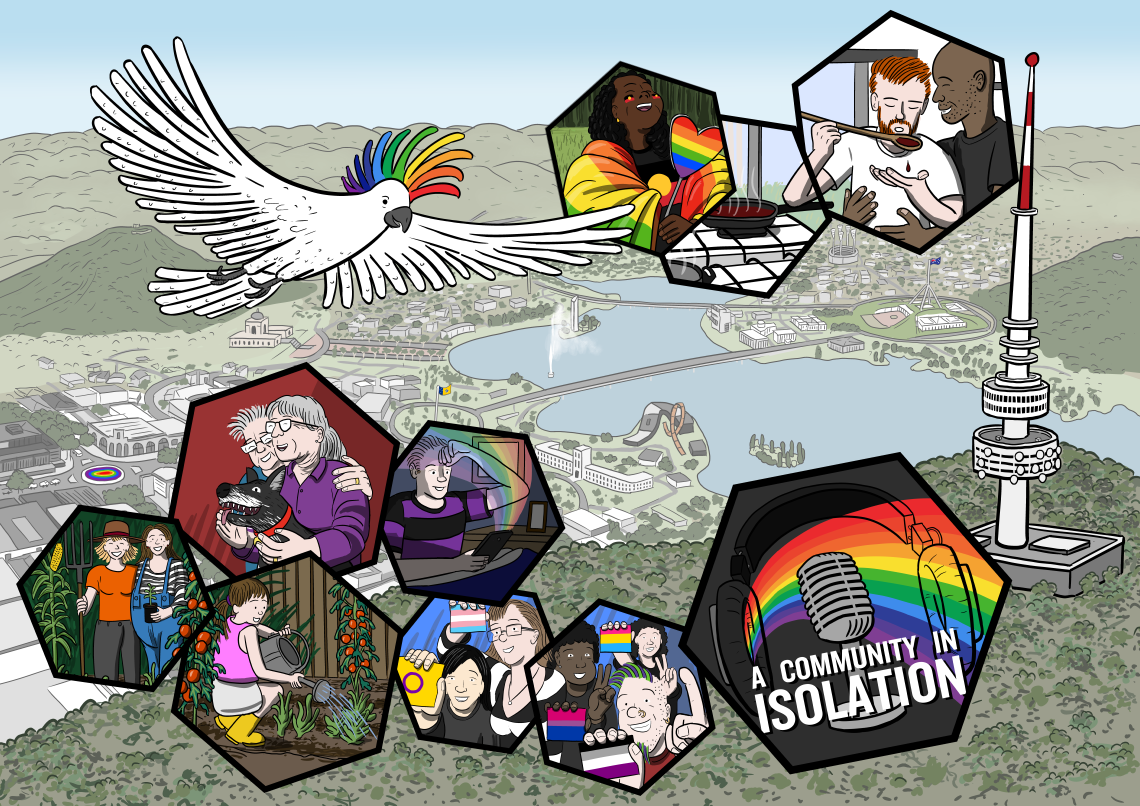 Artwork for A Community in Isolation podcast, featuring colourful illustrations of the Canberra queer community