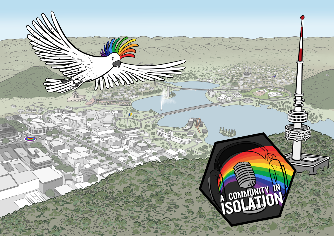 Artwork for podcast about Canberra queer community A Community in Isolation, featuring rainbow cockatoo flying above Canberra skyline