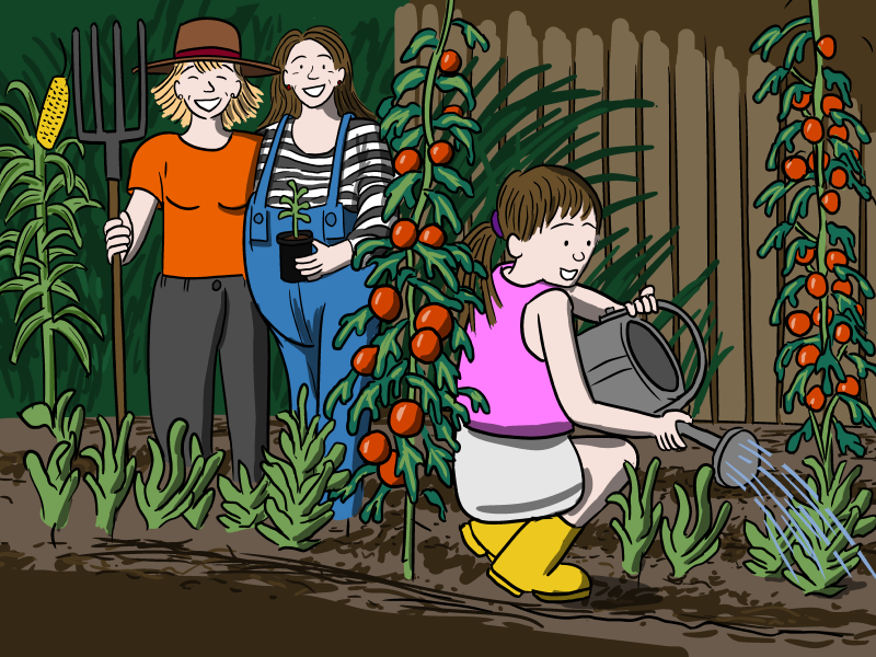 Two lesbian parents gardening in backyard with their child with watering can