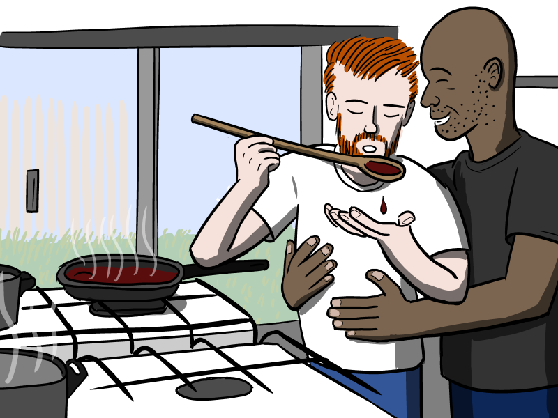 Gay couple hugging in kitchen, cooking food together