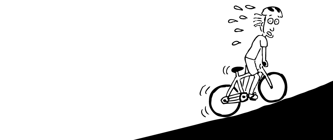 Cartoon man struggling to ride bike uphill