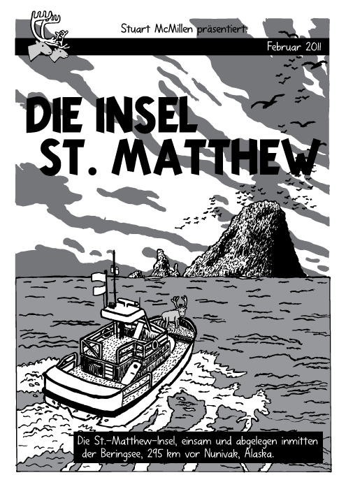 Ozean Insel Boot Cartoon. Comicbuch. Tim & Struppi “Die schwarze Insel” Titelblatt. Rentier. St Matthew Island. Die St.-Matthew-Insel, einsam und abgelegen inmitten der Beringsee, 295 km vor Nunivak, Alaska.