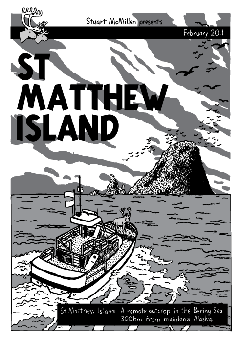 Ocean island boat cartoon. Comic book. Tintin 'The Black Island' cover. Reindeer. St Matthew Island. A remote outcrop in the Bering Sea 300km from mainland Alaska.