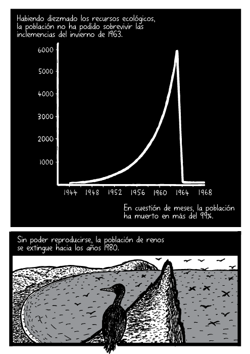 Gráfica. Dibujo de un pájaro sobrevolando el océano. Habiendo diezmado los recursos ecológicos, la población no ha podido sobrevivir las inclemencias de aquel invierno. En cuestión de meses, la población ha muerto en más del 99%. Sin poder reproducirse, la población de renos se extingue hacia los años 1980.