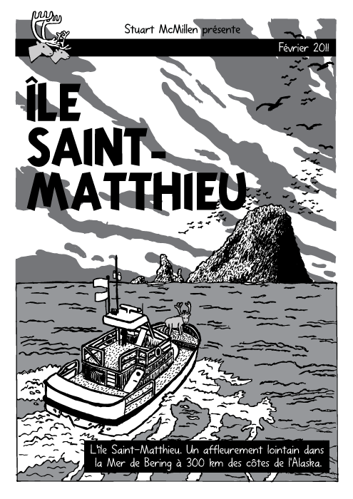 BD d'un bateau devant une île dans l'Océan. Comics. Couverture de l'album de Tintin 'L'île noire'. Renne. Île Saint-Matthieu. L'île Saint-Matthieu. Un affleurement lointain dans la Mer de Bering à 300 km des côtes de l'Alaska.