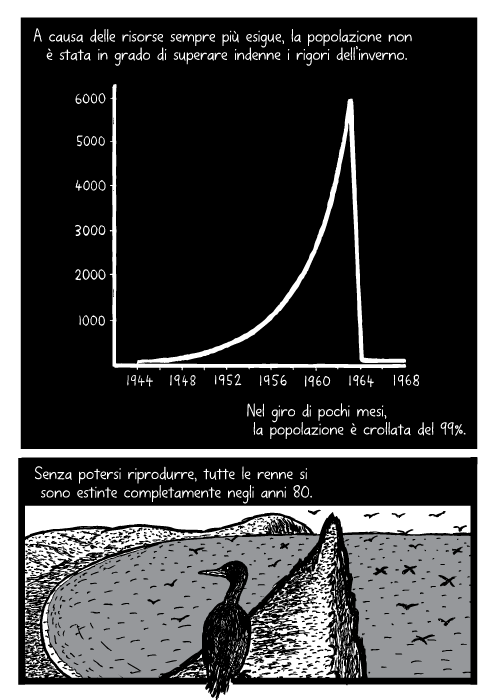 Grafico. Vignetta di uccello marino. A causa delle risorse sempre più esigue, la popolazione non è stata in grado di superare indenne i rigori dell’inverno. Nel giro di pochi mesi, la popolazione è crollata del 99%. Senza potersi riprodurre, tutte le renne si sono estinte completamente negli anni 80.