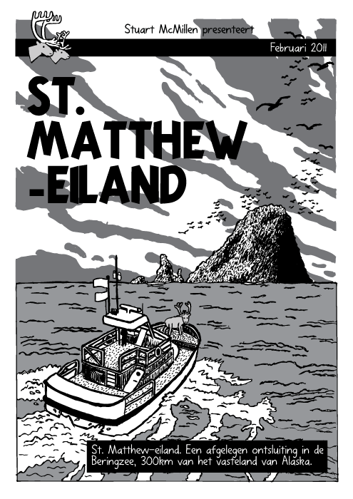 Oceaan eiland boot cartoon. Strip. Kuifje ‘De Zwarte Rotsen’ omslag. Rendier. St. Matthew-Eiland. St. Matthew-Eiland. Een afgelegen ontsluiting in de Beringzee, 300km van het vasteland van Alaska.