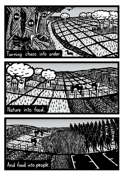 Nature into farmland cartoon. Deforestation drawing. Turning chaos into order. Nature into food. And food into people.