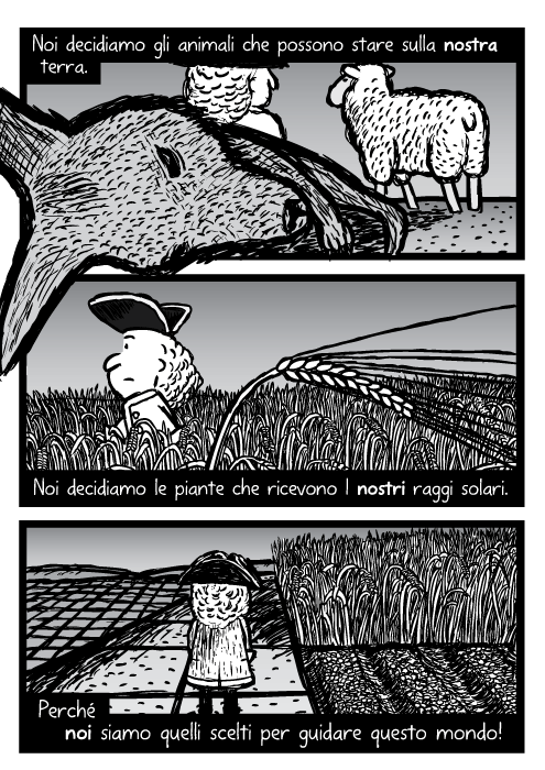 Fumetto con canguro morto e un allevatore di pecore. Disegno di un uomo che cammina attraverso campo di grano. File di canna da zucchero, campi in squadra. Noi decidiamo gli animali che possono stare sulla nostra terra. Noi decidiamo le piante che ricevono I nostri raggi solari. Perché noi siamo quelli scelti per guidare questo mondo!