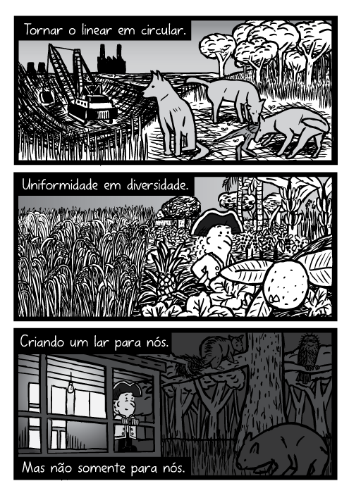 Mineração cartoon. Animais noturnos. Tornar o linear em circular. Uniformidade em diversidade. Criando um lar para nós. Mas não somente para nós.