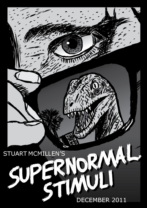 Supernormal Stimuli comic cover. They Live movie poster drawing cartoon. Sunglasses dinosaur raptor velociraptor.