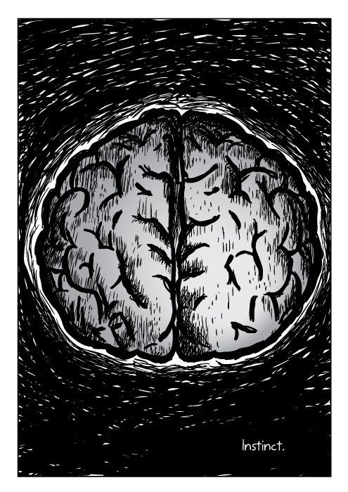 Instinct. Brain cartoon drawing.