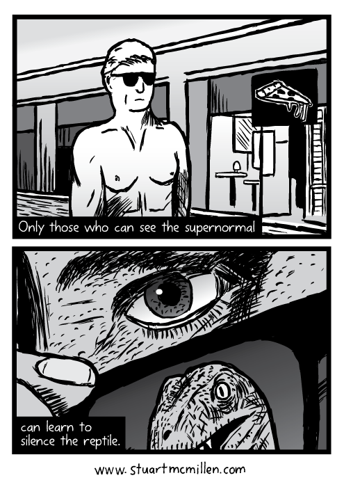 They Live movie poster cartoon. Looking over sunglasses drawing. Raptor velociraptor dinosaur. Only those who can see the supernormal can learn to silence the reptile.