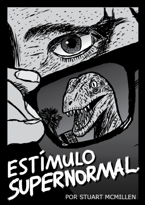 Estímulo Supernormal portada historieta comic Sobreviven poster película. Anteojos de sol dinosaurio raptor velociraptor.