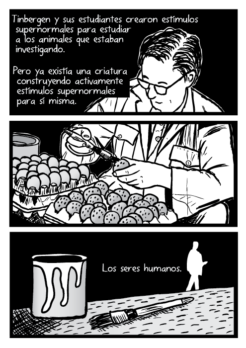 Tinbergen y sus estudiantes crearon estímulos supernormales para estudiar a los animales que estaban investigando. Pero ya existía una criatura construyendo activamente estímulos supernormales para sí misma. Los seres humanos. Niko Tinbergen científico anteojos pintura huevos banco de trabajo caricatura ilustración.