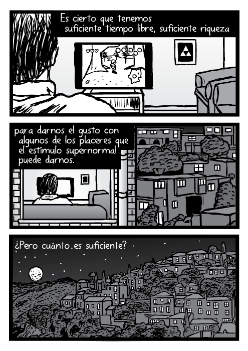 Es cierto que tenemos suficiente tiempo libre, suficiente riqueza para darnos el gusto con algunos de los placeres que el estímulo supernormal puede darnos. ¿Pero cuánto es suficiente? Ciudad Noche luna estrellas edificios ilustración caricatura.