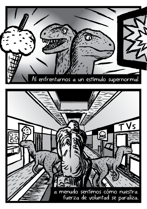 Al enfrentarnos a un estímulo supernormal a menudo sentimos cómo nuestra fuerza de voluntad se paraliza. Dinosaurios velociraptores raptores historieta. Centro comercial ilustración.
