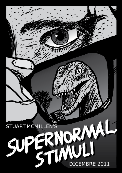 Copertina del fumetto Supernormal Stimuli. Vignetta Loro Vivono poster del film. Occhiali da sole dinosauro raptor velociraptor.
