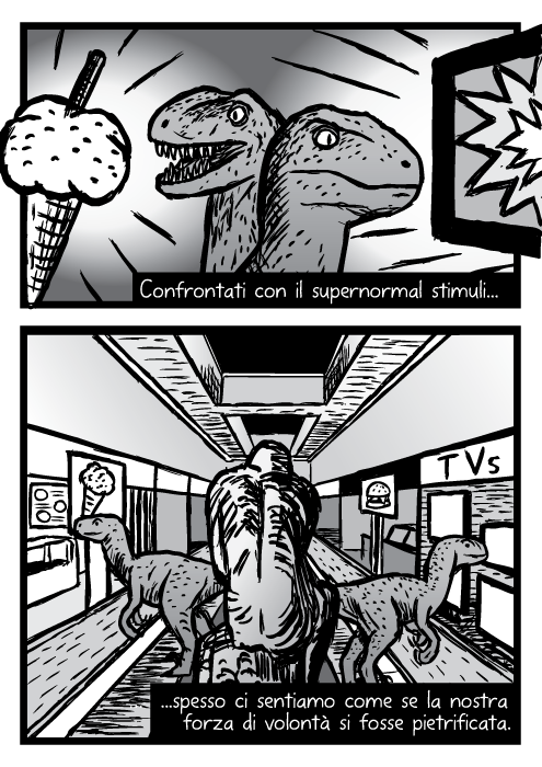 Disegno di dinosauri raptor velociraptors. Vignetta del centro commerciale. Confrontati con il supernormal stimuli. Spesso ci sentiamo come se la nostra forza di volontà si fosse pietrificata.