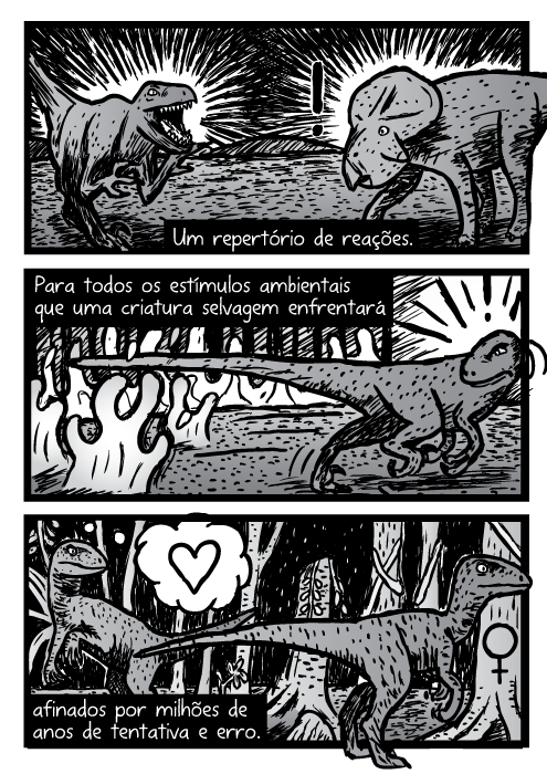 Velociraptor quadrinhos. Dinossauro cartoon. Um repertório de reações. Para todos os estímulos ambientais que uma criatura selvagem enfrentará afinados por milhões de anos de tentativa e erro.