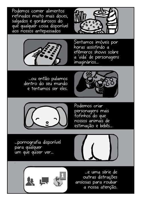 Podemos comer alimentos refinados muito mais doces, salgados e gordurosos do que qualquer coisa disponível aos nossos antepassados. Sentamos imóveis por horas assistindo a efêmeros shows sobre a 'vida' de personagens imaginários...ou então pulamos dentro do seu mundo e tentamos ser eles. Podemos criar personagens mais fofinhos do que nossos animais de estimação e bebês...pornografia disponível para qualquer um que quiser ver...e uma série de outras distrações ansiosas para roubar a nossa atenção.