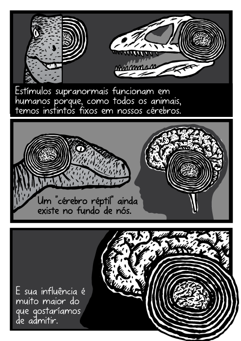 Velociraptor quadrinhos. Humano cérebro cartoon. Estímulos supranormais funcionam em humanos porque, como todos os animais, temos instintos fixos em nossos cérebros. Um 