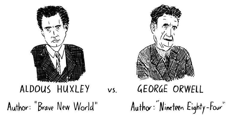 George Orwell cartoon. Aldous Huxley drawing. Amusing Ourselves to Death comic. Neil Postman. Nineteen Eighty-Four. Brave New World.