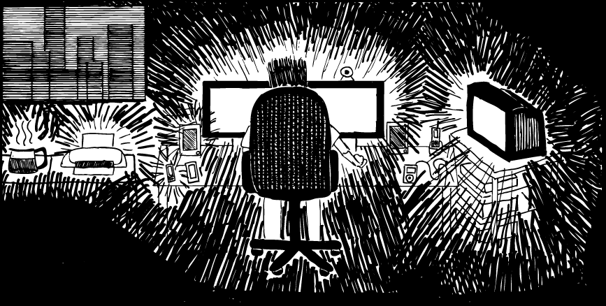 Electronic distractions cartoon. Drawing of man in front of glowing computer screen. Dark room.