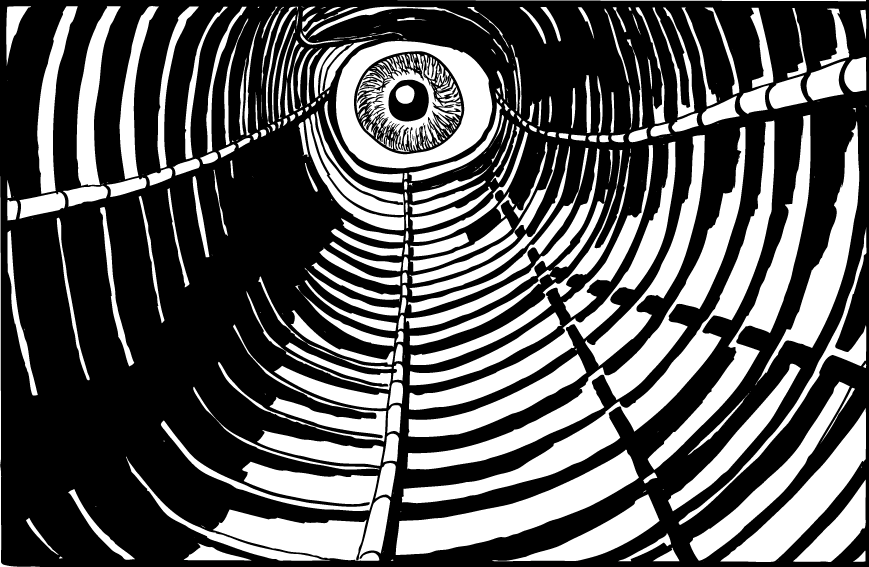 Drawing of eye looking down tunnel of pipes. Cartoon of Germano Facetti's George Orwell Nineteen Eighty-Four paperback book cover.