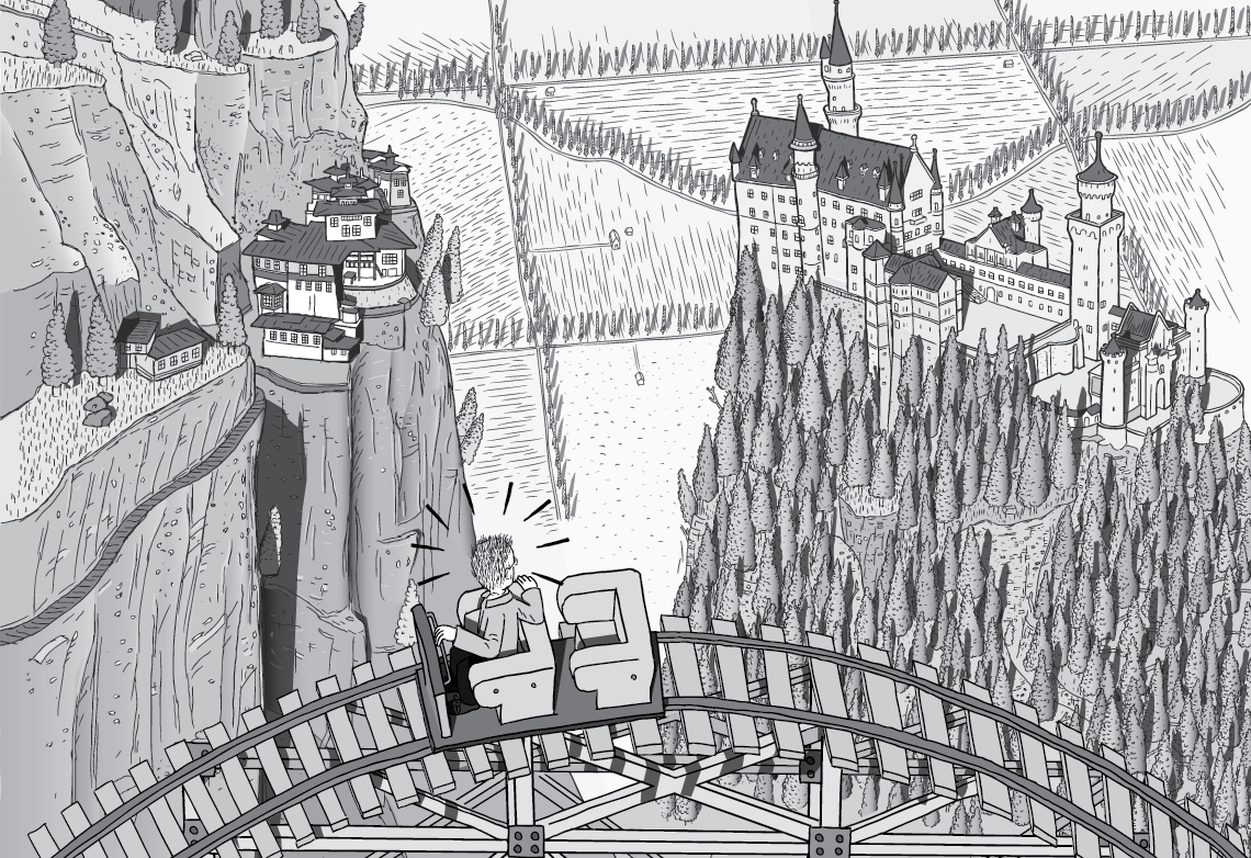 High angle cartoon of man on roller coaster. Black and white drawing of Paro Taktsang Monastery and Neuschwanstein Castle. Detailed comic illustration by Stuart McMillen of King Hubbert on Peak Oil roller coaster.