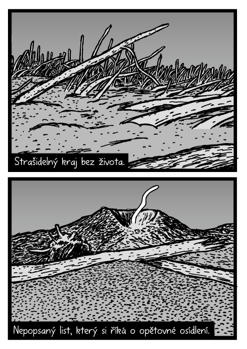 Mount St. Helens komiks. Spadlé kmeny stromů popel sopky kresba. Polomová oblast. Strašidelný kraj bez života. Nepopsaný list, který si říká o opětovné osídlení.
