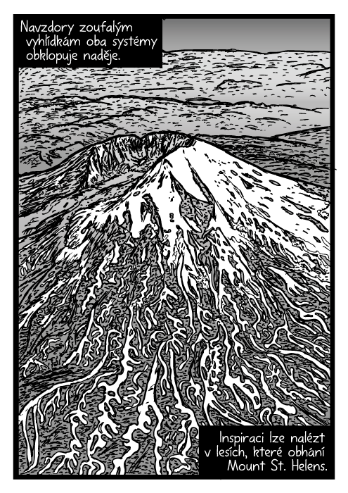 Mount St. Helens letecká kresba. Pohled z ptačí perspektivy sopka komiks. Navzdory zoufalým vyhlídkám oba systémy obklopuje naděje. Inspiraci lze nalézt v lesích, které obhání Mount St. Helens.