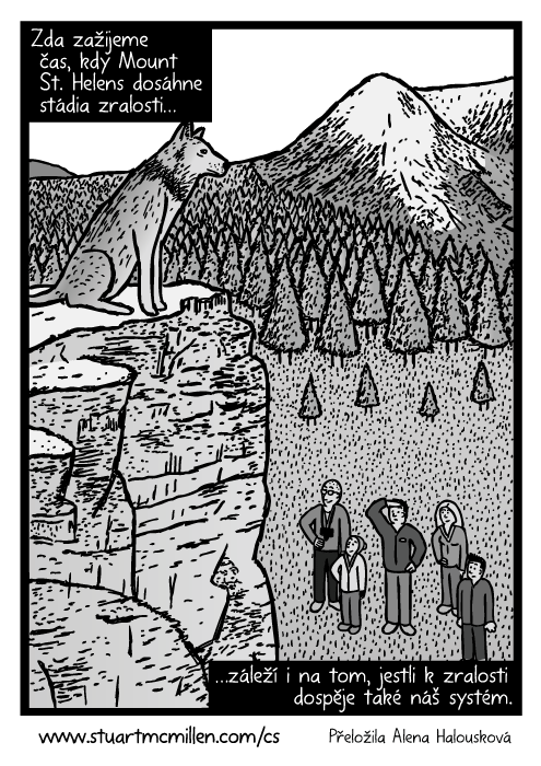 Vlk na útesu komiks. Rodina vzhlížející k vlkovi kresba. Zda zažijeme čas, kdy Mount St. Helens dosáhne stádia zralosti…záleží i na tom, jestli k zralosti dospěje také náš systém.