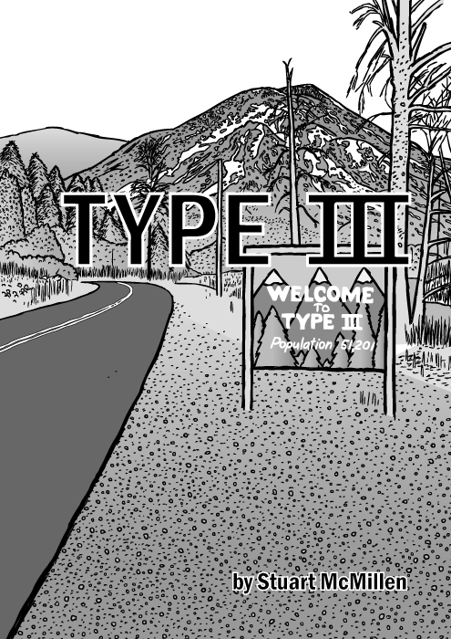 Type III comic cover. Twin Peaks title screen cartoon. Road sign mountain drawing.