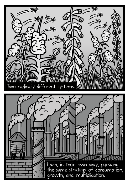 Weed seed cartoon. Blowing fireweed seeds drawing. Industrial smokestacks smoke. Two radically different systems. Each, in their own way, pursuing the same strategy of consumption, growth, and multiplication.