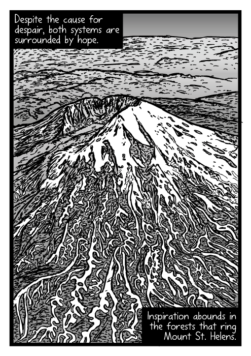 Mount St. Helens aerial drawing. Bird's-eye view volcano cartoon. Despite the cause for despair, both systems are surrounded by hope. Inspiration abounds in the forests that ring Mount St. Helens.