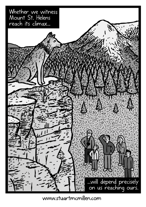 Wolf on cliff top cartoon. Family looking up at wolf drawing. Whether we witness Mount St. Helens reach its climax...will depend precisely on us reaching ours.