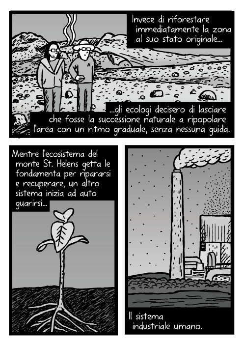 Scienziati nella zona morta del monte St Helens. Disegno di erba che cresce. Vignetta di fabbrica fumante. Invece di riforestare immediatamente la zona al suo stato originale gli ecologi decisero di lasciare che fosse la successione naturale a ripopolare l'area con un ritmo graduale, senza nessuna guida. Mentre l'ecosistema del monte St. Helens getta le fondamenta per ripararsi e recuperare, un altro sistema inizia ad auto guarirsi... Il sistema industriale umano.