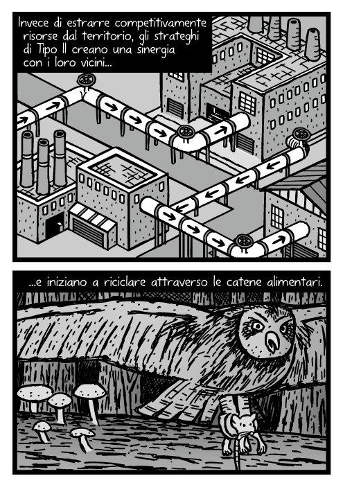 Disegno di conduttore industriali isometriche. Vignetta di un gufo che prende un topo. Invece di estrarre competitivamente risorse dal territorio, gli strateghi di Tipo II creano una sinergia con i loro vicini e iniziano a riciclare attraverso le catene alimentari.