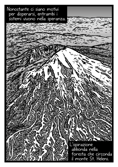 Disegno aereo del monte St. Helens. Fumetto della vista dall'alto del vulcano. Nonostante ci siano motivi per disperarsi, entrambi i sistemi vivono nella speranza. L'ispirazione abbonda nella foresta che circonda il monte St. Helens.