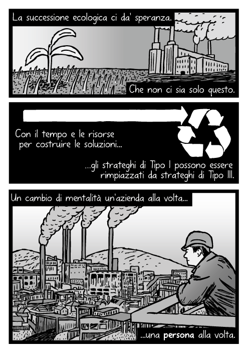 Disegno di uomo che guarda una fabbrica. Vignetta di centrale elettrica a carbone. La successione ecologica ci da speranza. Che non ci sia solo questo. Con il tempo e le risorse per costruire le soluzioni gli strateghi di Tipo I possono essere rimpiazzati da strateghi di Tipo III. Un cambio di mentalità un'azienda alla volta una persona alla volta.