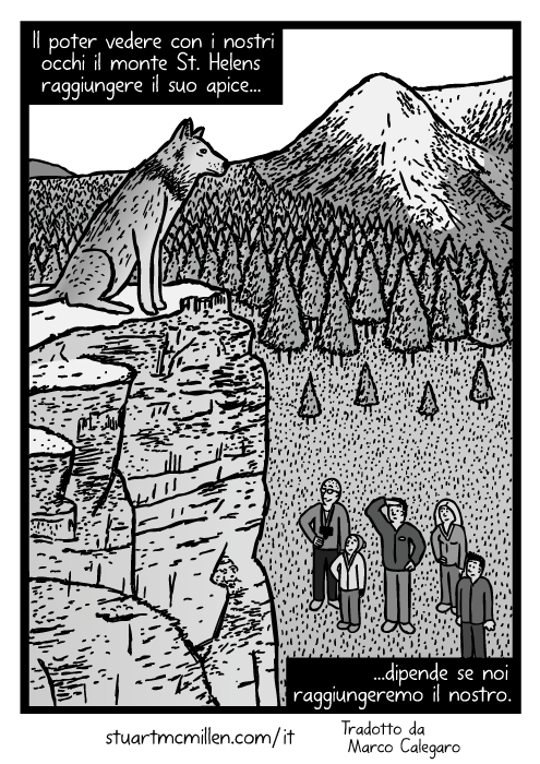 Disegno di lupo sulla cima della montagna. Vignetta di una famiglia che guarda il lupo. Il poter vedere con i nostri occhi il monte St. Helens raggiungere il suo apice dipende se noi raggiungeremo il nostro.