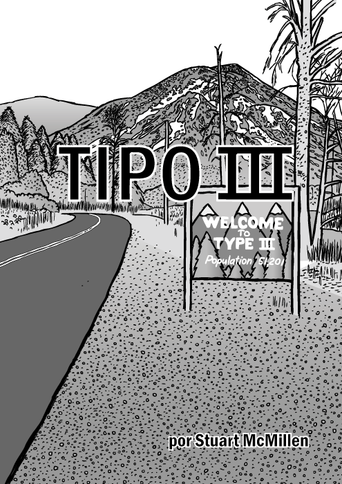 Capa do quadrinho Tipo III. Cartum da abertura de Twin Peaks. Desenho da placa de estrada da montanha.
