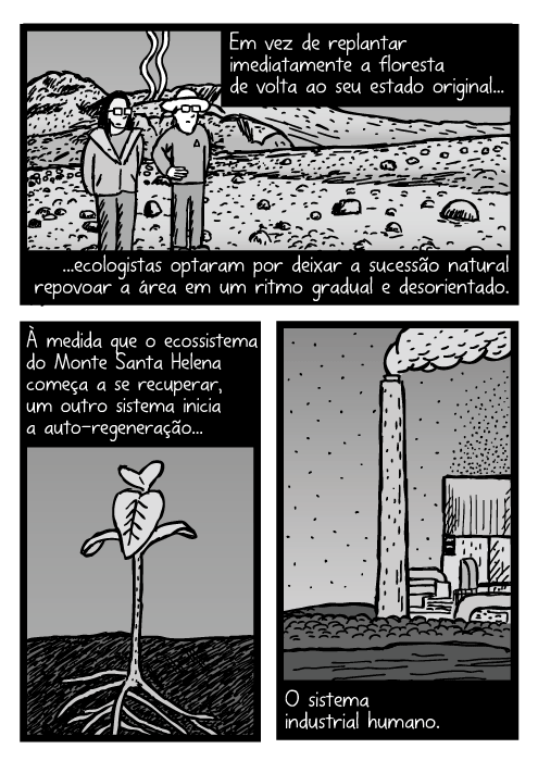 Cartum de cientistas na zona morta do Monte Santa Helena. Desenho de erva daninha brotando. Quadrinho da chaminé da fábrica. Em vez de replantar imediatamente a floresta de volta ao seu estado original...ecologistas optaram por deixar a sucessão natural repovoar a área em um ritmo gradual e desorientado. À medida que o ecossistema do Monte Santa Helena começa a se recuperar, um outro sistema inicia a auto-regeneração...O sistema industrial humano.