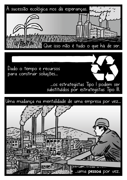 Desenho de homem olhando para a fábrica. Cartum de Usina de Carvão. A sucessão ecológica nos dá esperanças. Que isso não é tudo o que há de ser. Dado o tempo e recursos para construir soluções...os estrategistas Tipo I podem ser substituídos por estrategistas Tipo III. Uma mudança na mentalidade de uma empresa por vez...uma pessoa por vez.