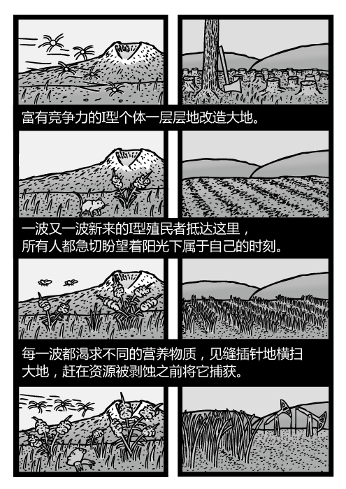 杂草在田间生长的卡通。农作物演替的画面。富有竞争力的I型个体一层层地改造大地。一波又一波新来的I型殖民者抵达这里，所有人都急切盼望着阳光下属于自己的时刻。每一波都渴求不同的营养物质，见缝插针地横扫大地，赶在资源被剥蚀之前将它捕获。